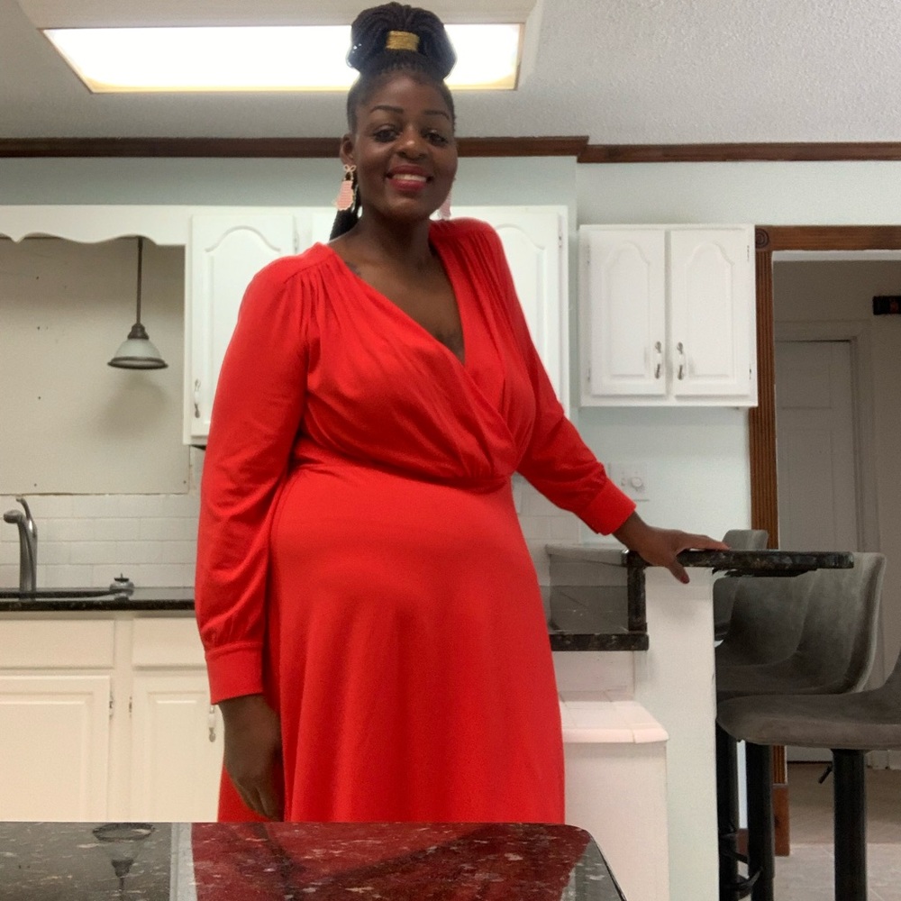 Red Long Sleeve Plunge Midi Dress